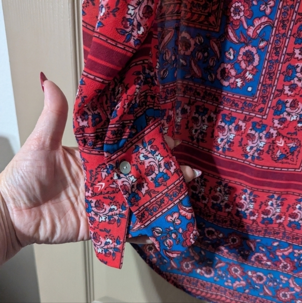 KUT Red and Blue V-Neck Long Benica Slit Sleeve Blouse - Picture 8 of 8